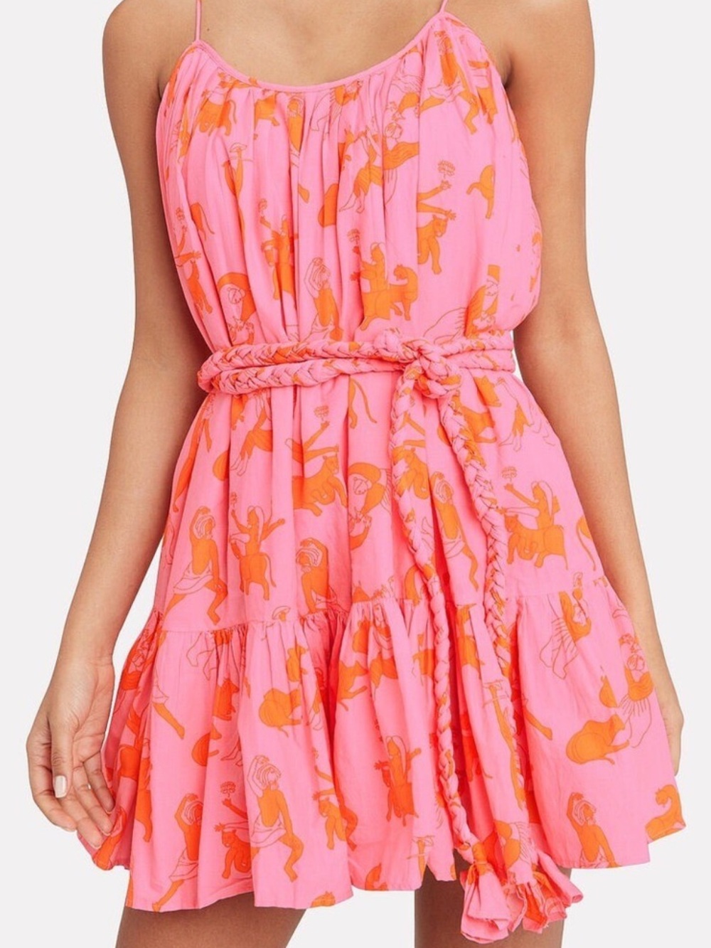 RHODE Pink Dress with Orange Print and Braided Belt